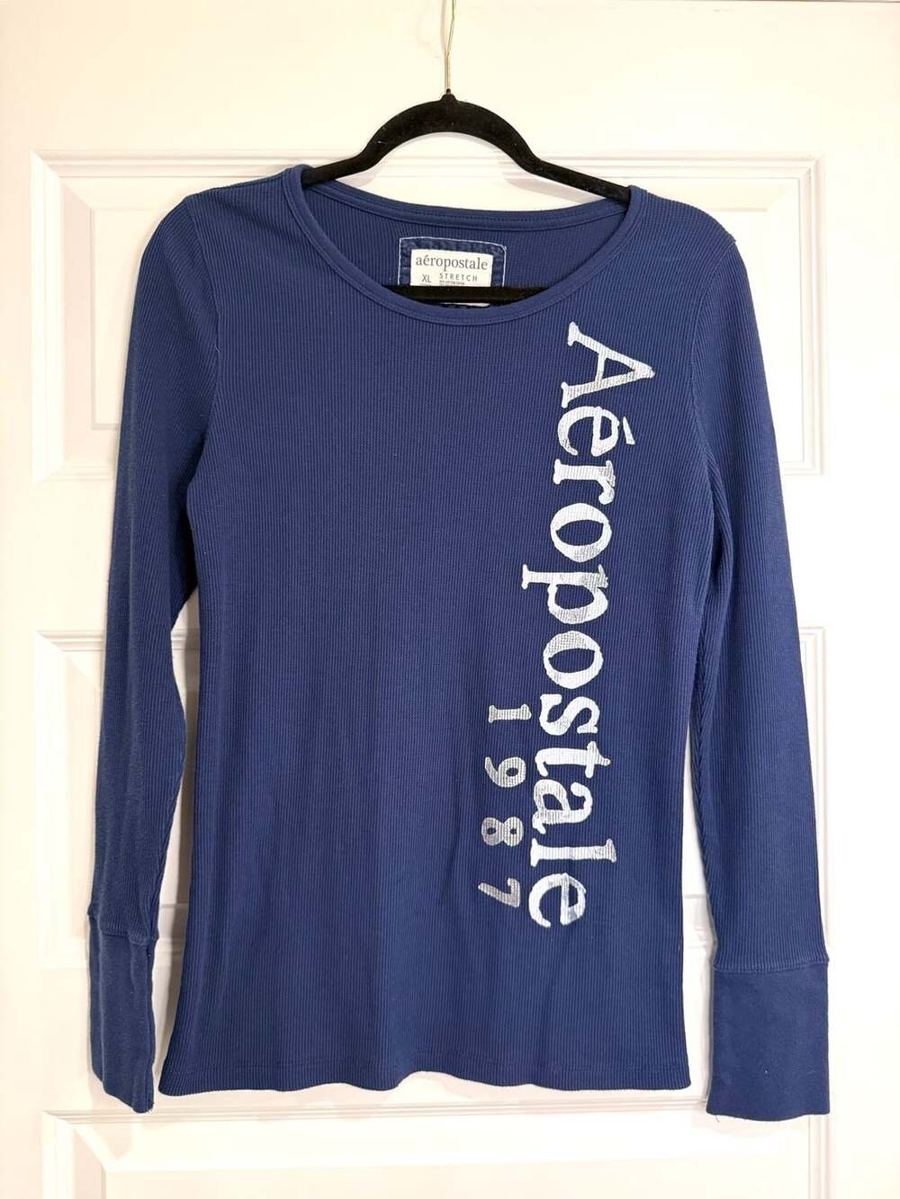 Y2K Aeropostale Stretch Blue Thermal Waffle Knit Long Sleeve Graphic Tee Size XL
